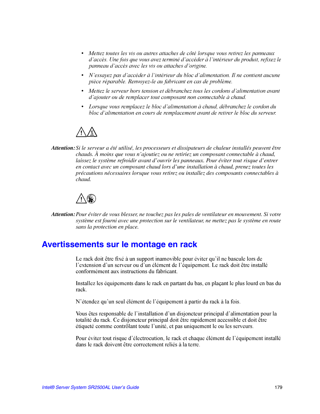 Intel SR2500AL manual Avertissements sur le montage en rack 