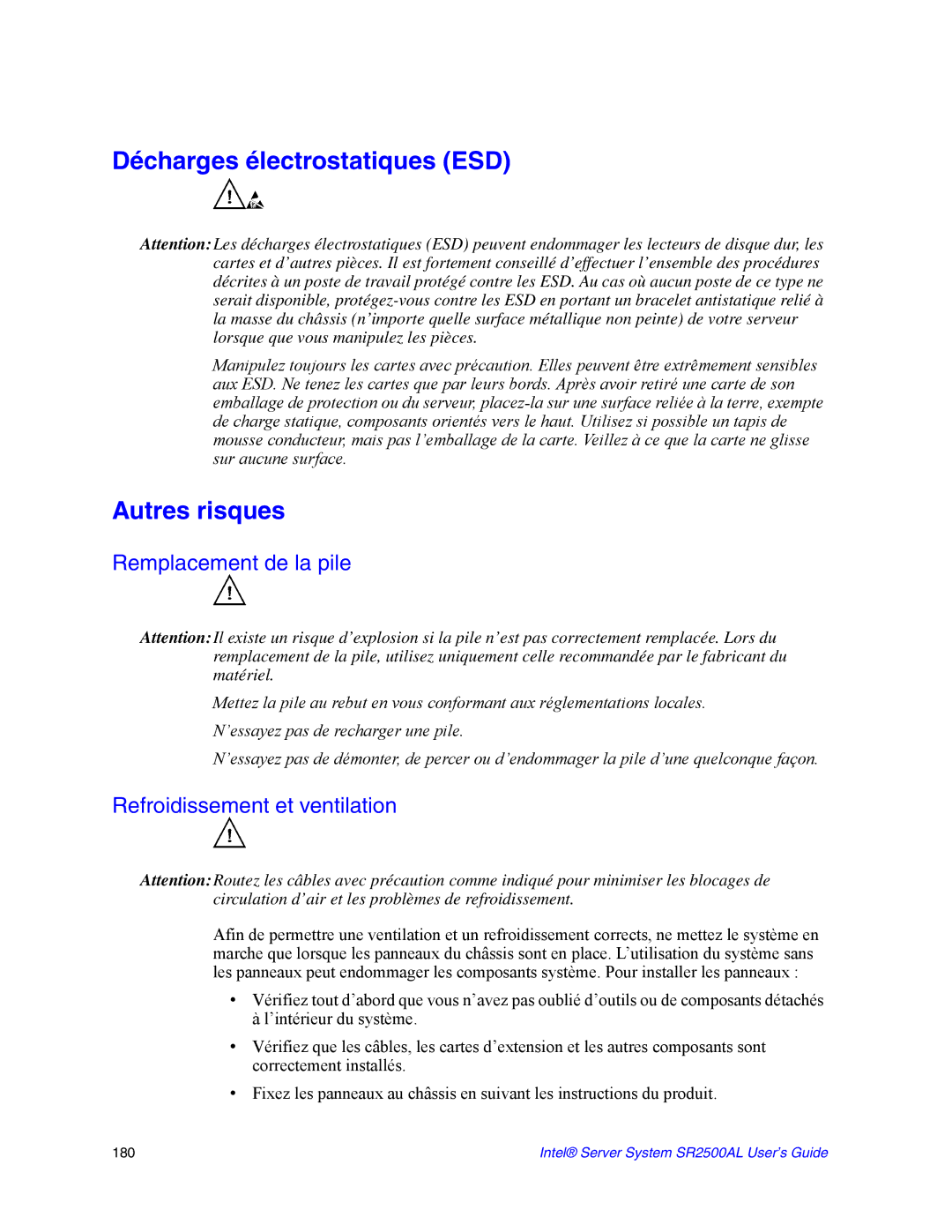 Intel SR2500AL Décharges électrostatiques ESD, Autres risques, Remplacement de la pile, Refroidissement et ventilation 