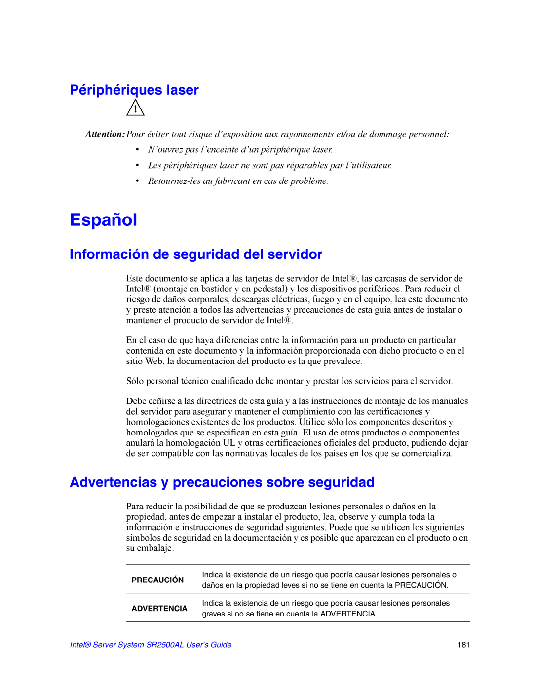 Intel SR2500AL Périphériques laser, Información de seguridad del servidor, Advertencias y precauciones sobre seguridad 