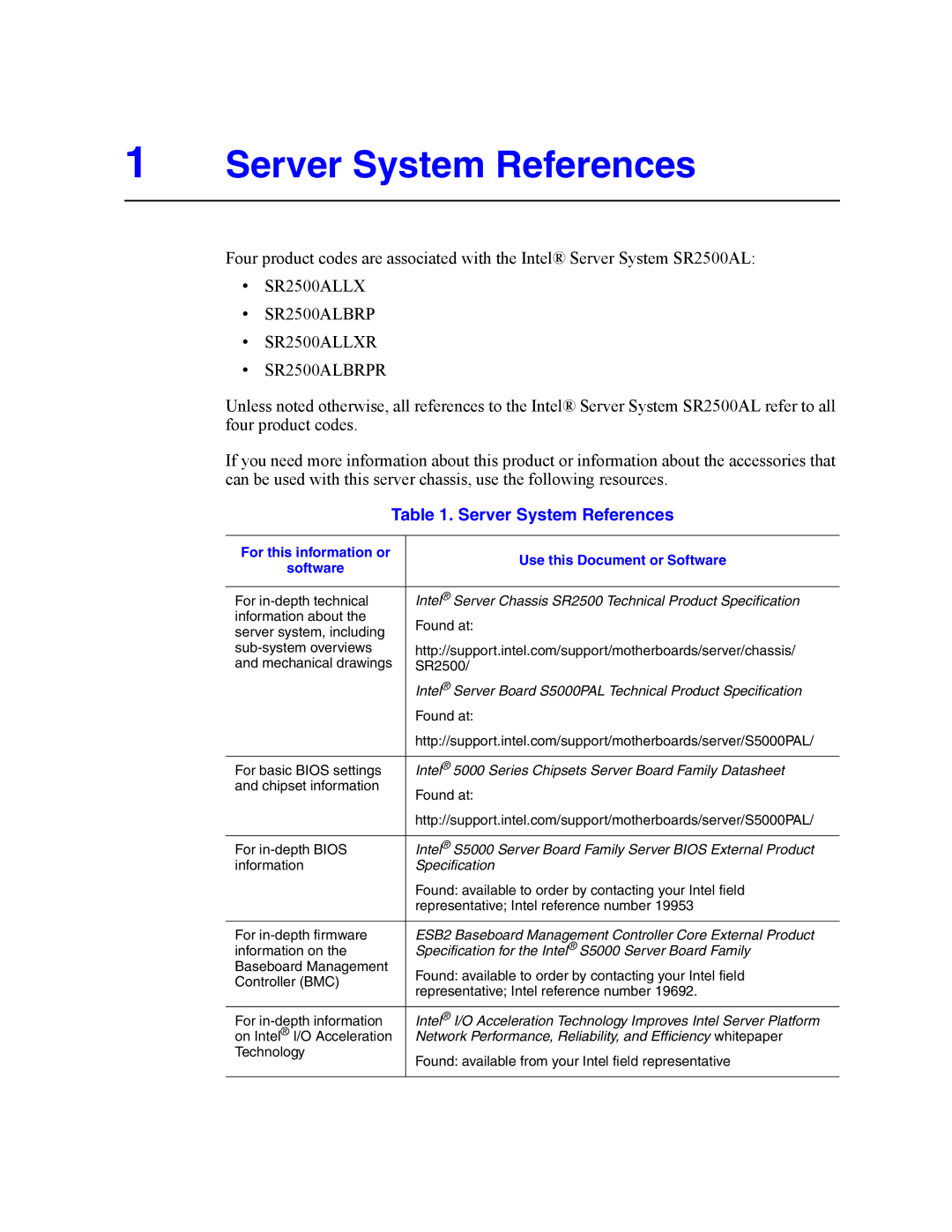 Intel SR2500AL manual Server System References, For this information or Use this Document or Software 