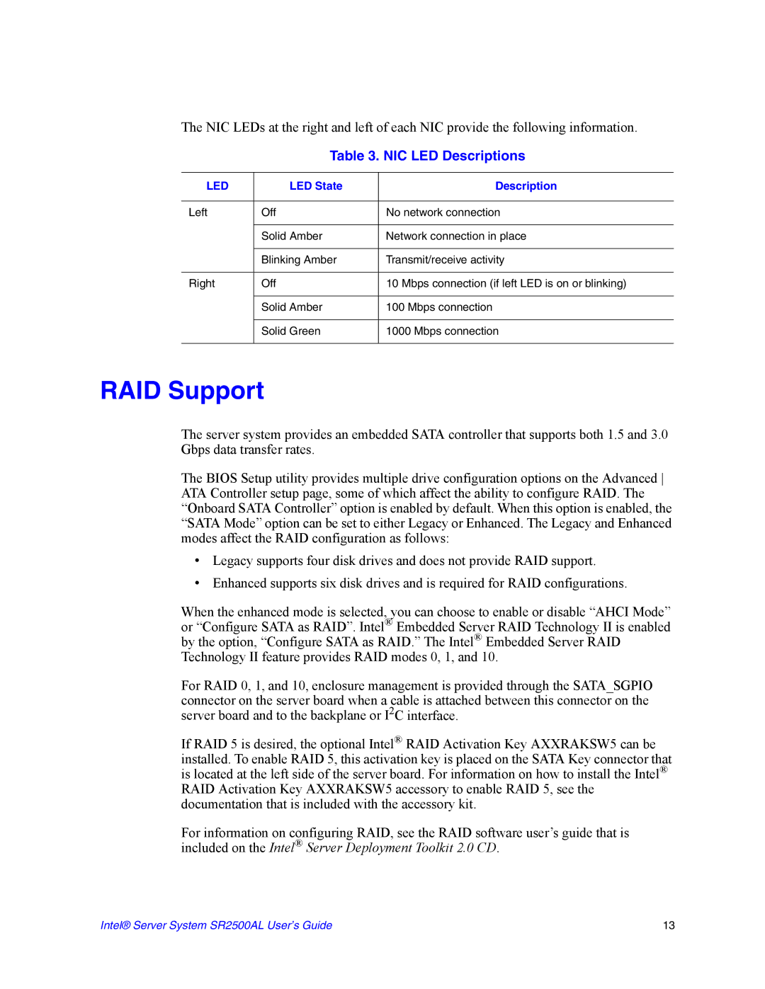 Intel SR2500AL manual RAID Support, LED State Description 