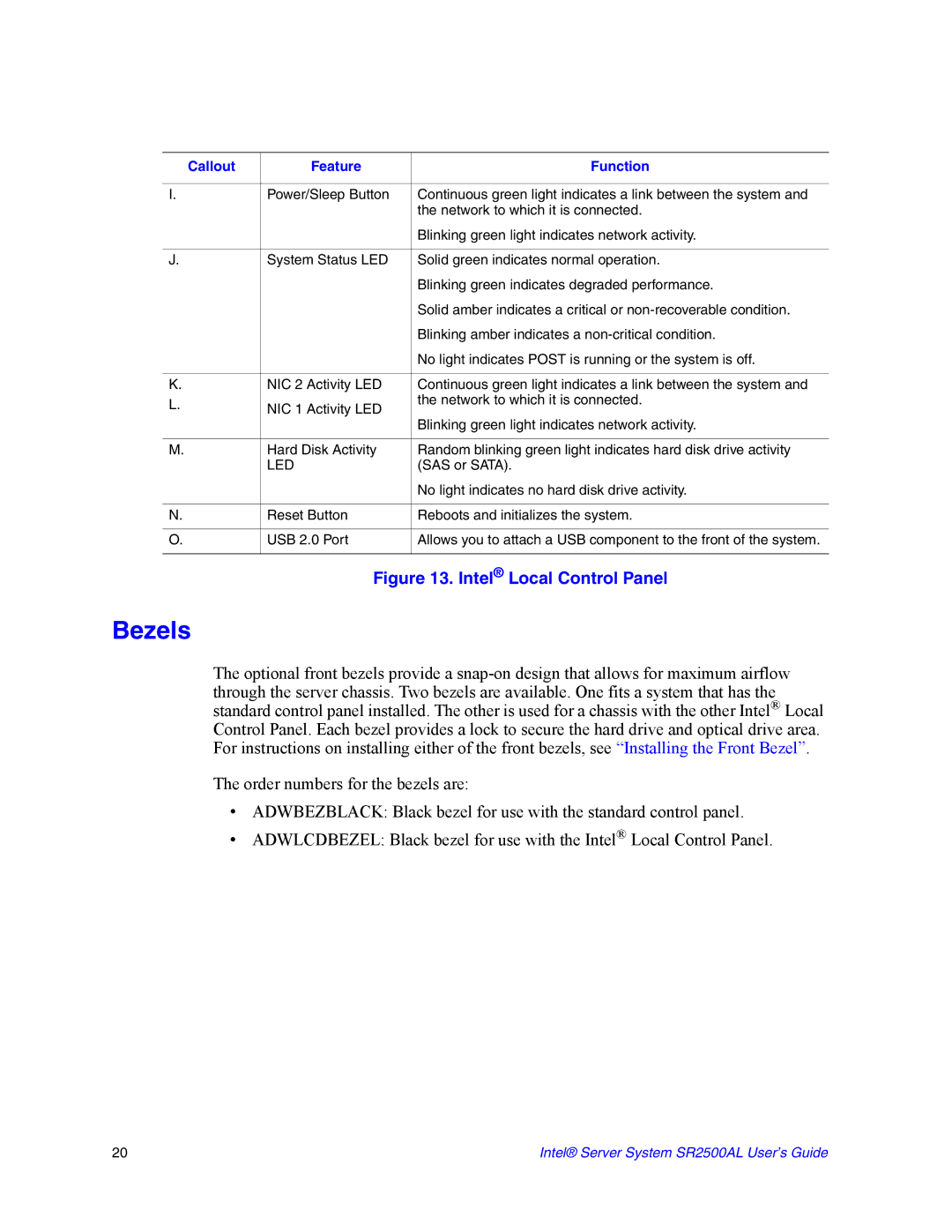 Intel SR2500AL manual Bezels, Intel Local Control Panel 