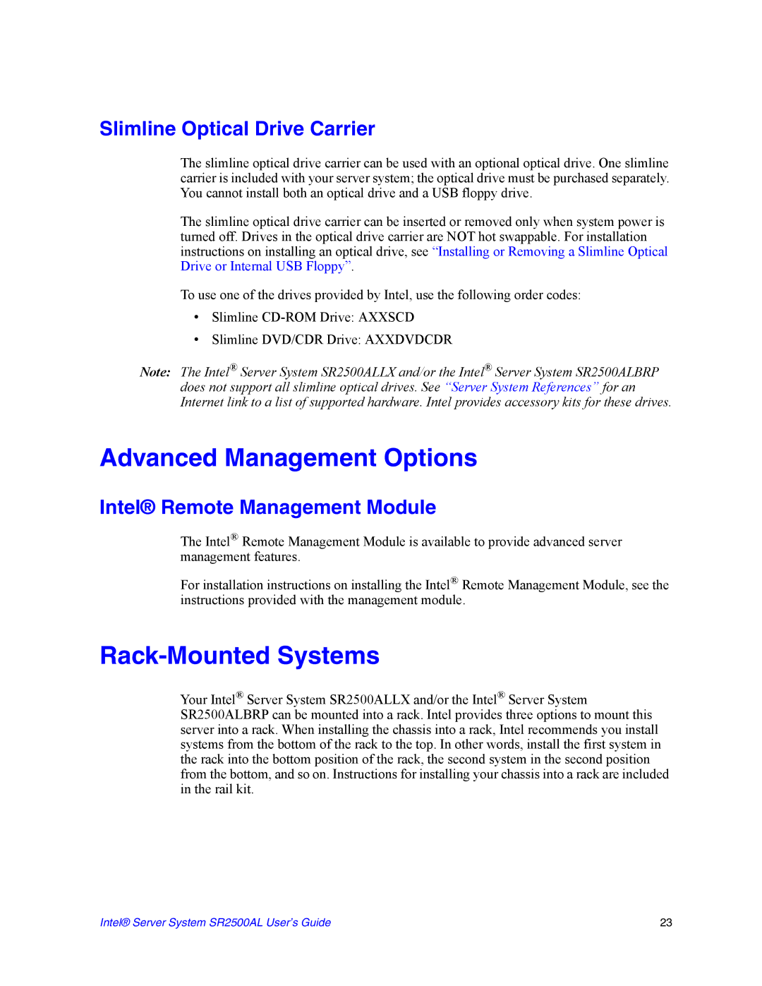 Intel SR2500AL manual Advanced Management Options, Rack-Mounted Systems, Slimline Optical Drive Carrier 