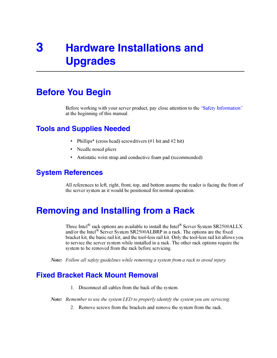 Intel SR2500AL manual Hardware Installations and Upgrades, Before You Begin, Removing and Installing from a Rack 