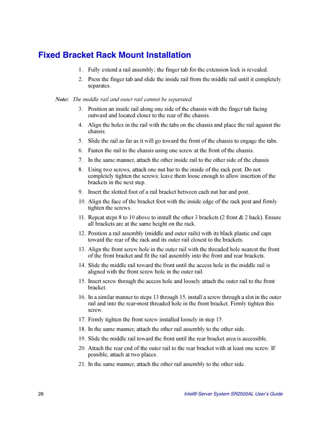 Intel SR2500AL manual Fixed Bracket Rack Mount Installation 