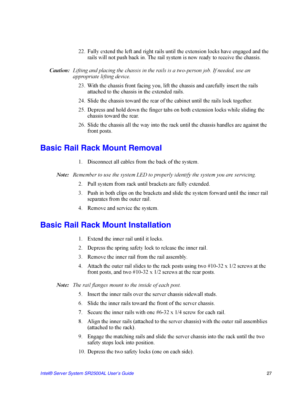 Intel SR2500AL manual Basic Rail Rack Mount Removal, Basic Rail Rack Mount Installation 