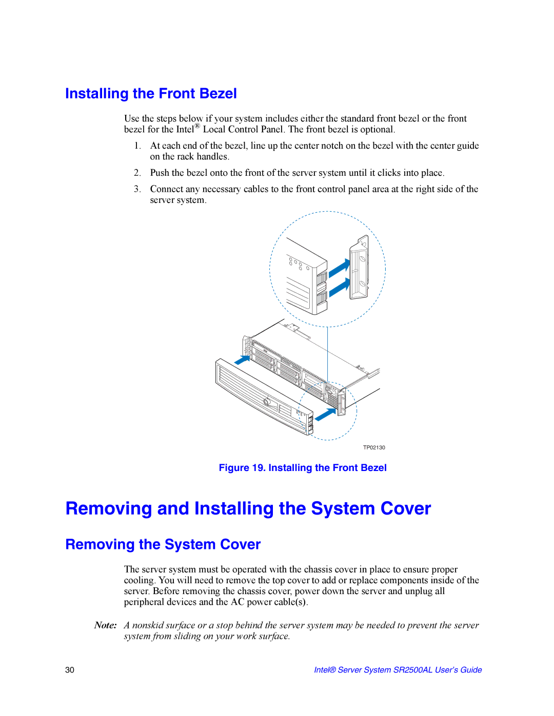 Intel SR2500AL manual Removing and Installing the System Cover, Installing the Front Bezel, Removing the System Cover 