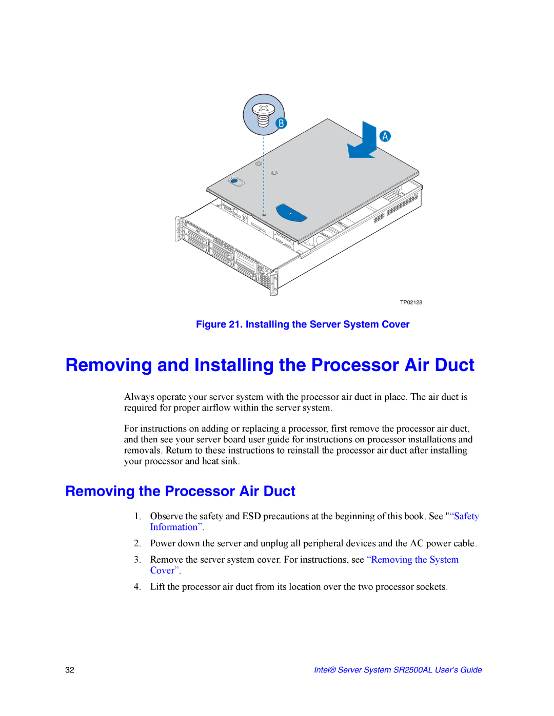 Intel SR2500AL manual Removing and Installing the Processor Air Duct, Removing the Processor Air Duct 