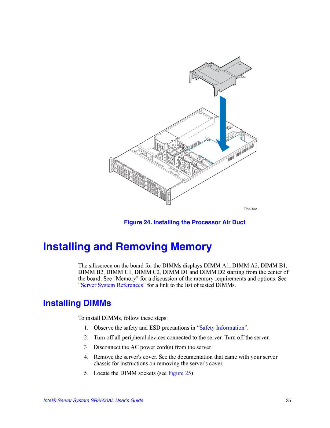 Intel SR2500AL manual Installing and Removing Memory, Installing DIMMs 