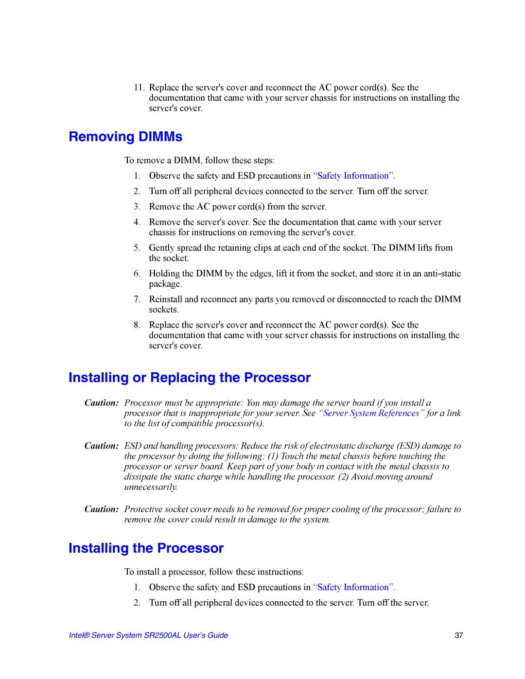 Intel SR2500AL manual Removing DIMMs 