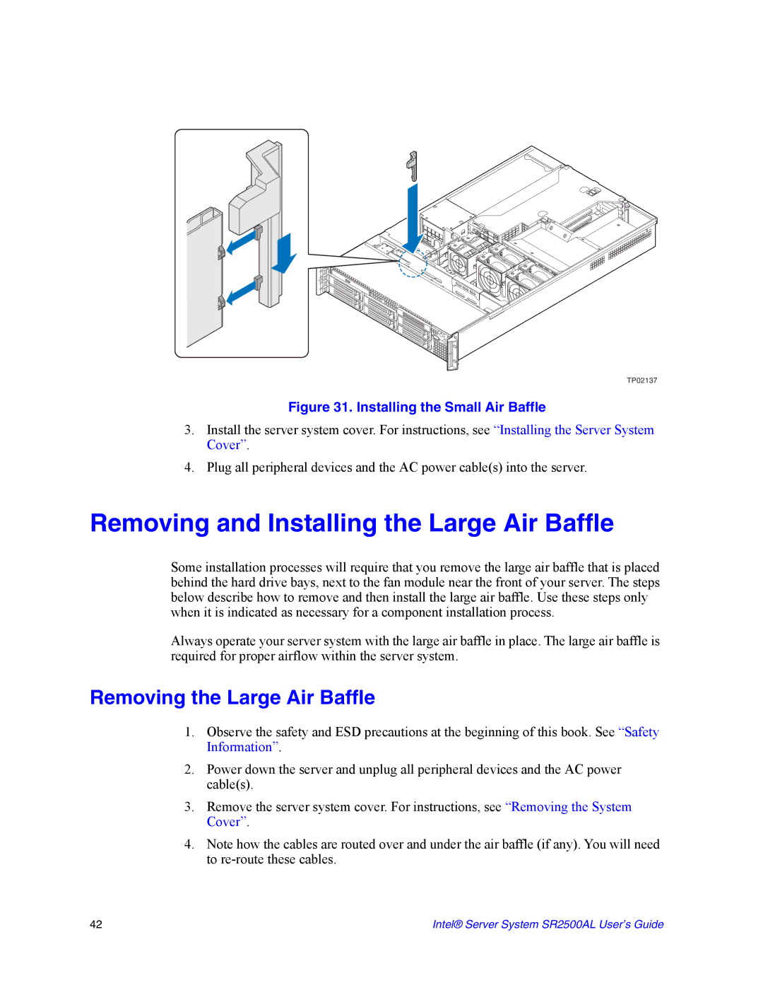 Intel SR2500AL manual Removing and Installing the Large Air Baffle, Removing the Large Air Baffle 