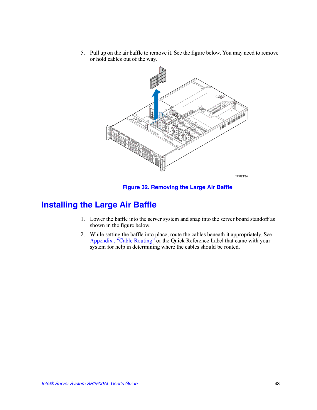 Intel SR2500AL manual Installing the Large Air Baffle, Removing the Large Air Baffle 