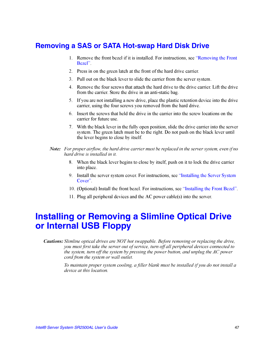 Intel SR2500AL manual Removing a SAS or Sata Hot-swap Hard Disk Drive 