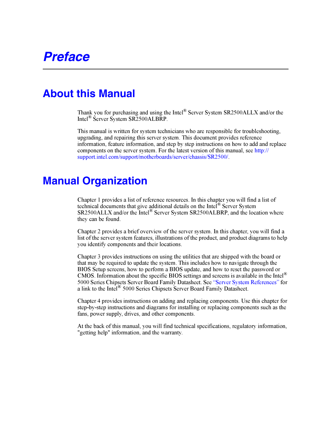 Intel SR2500AL manual About this Manual, Manual Organization 