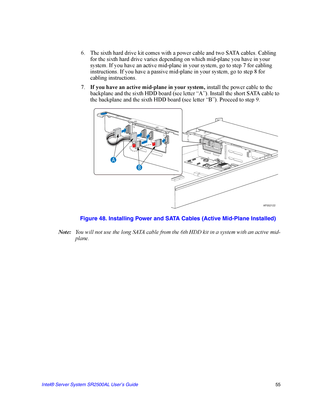 Intel SR2500AL manual Installing Power and Sata Cables Active Mid-Plane Installed 