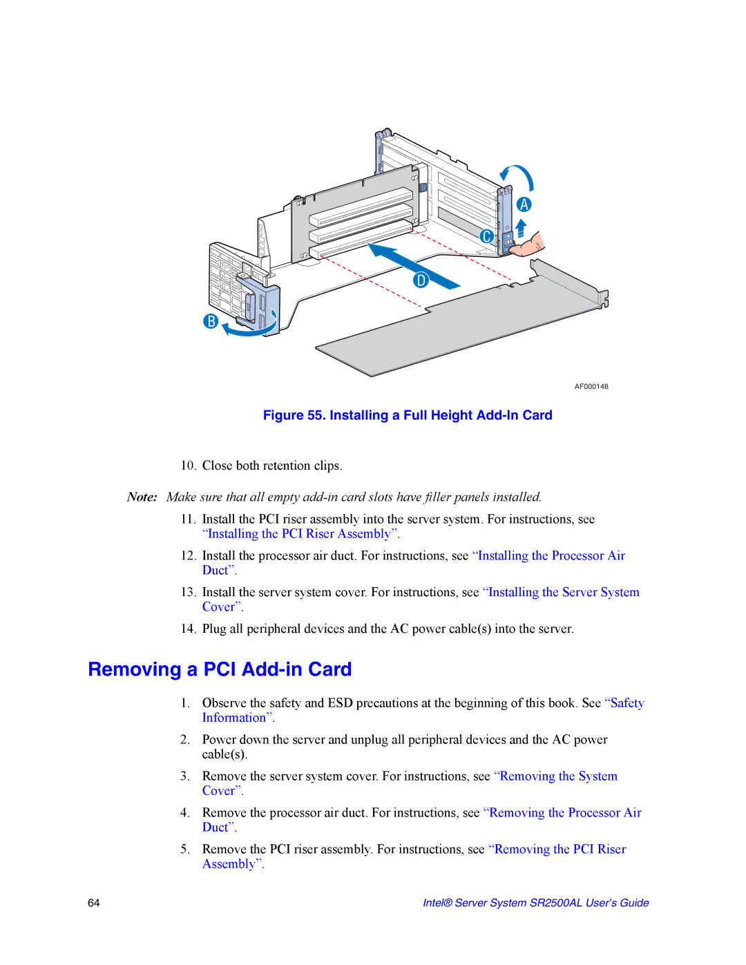 Intel SR2500AL manual Removing a PCI Add-in Card, Installing a Full Height Add-In Card 