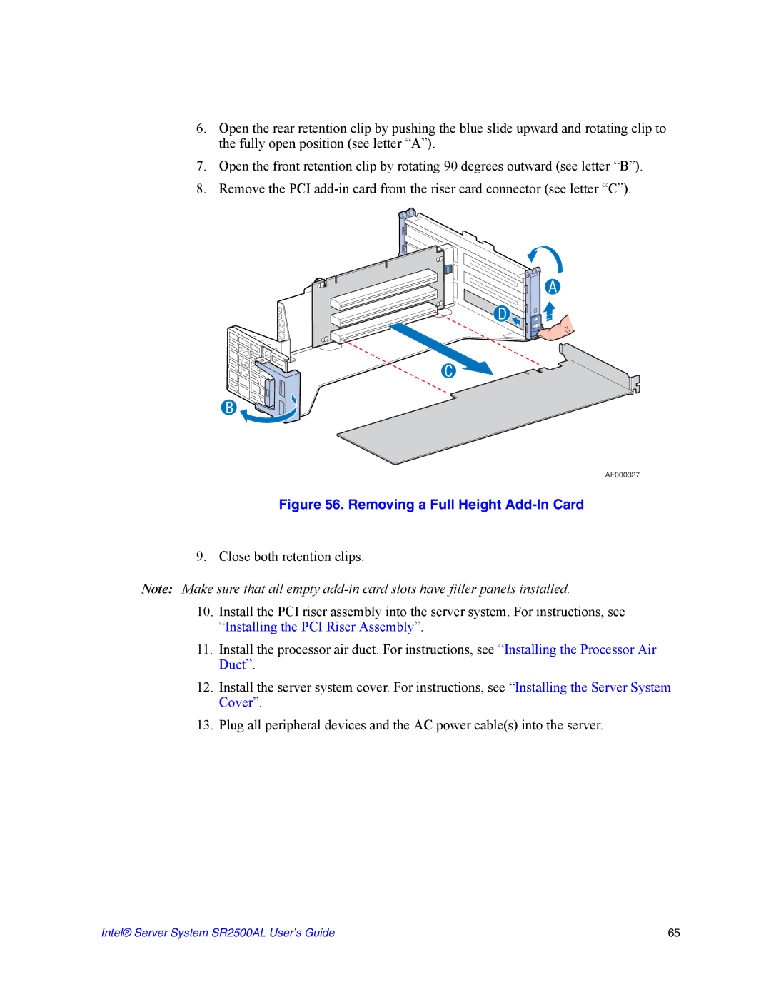 Intel SR2500AL manual Removing a Full Height Add-In Card 