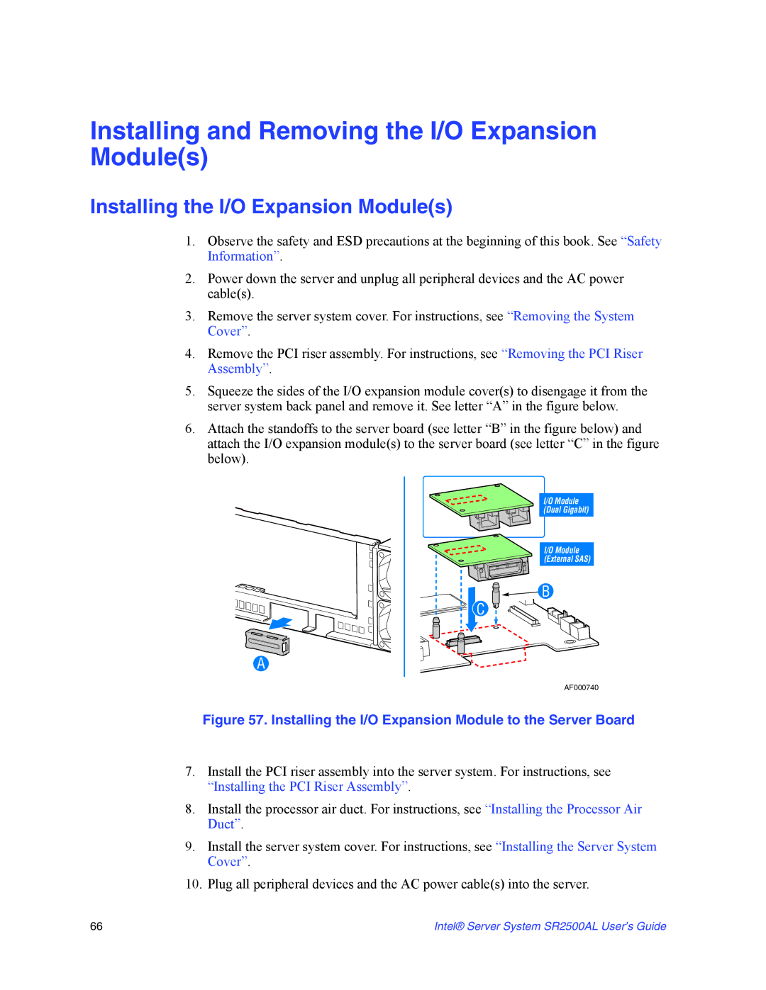 Intel SR2500AL manual Installing and Removing the I/O Expansion Modules, Installing the I/O Expansion Modules 