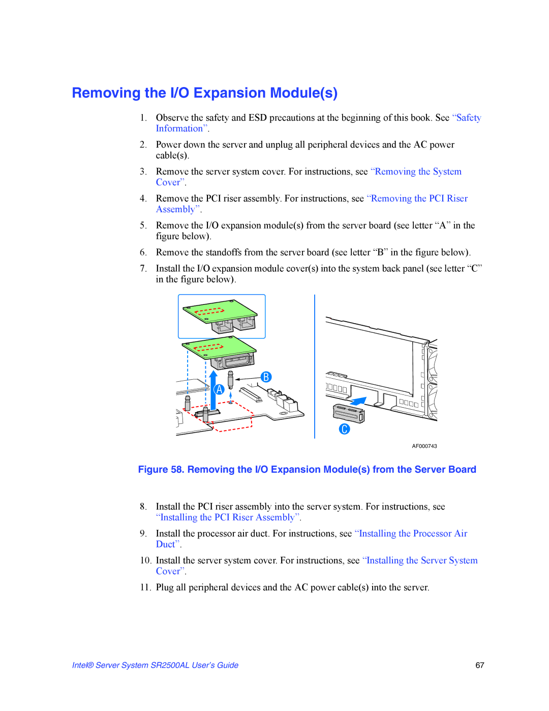 Intel SR2500AL manual Removing the I/O Expansion Modules from the Server Board 