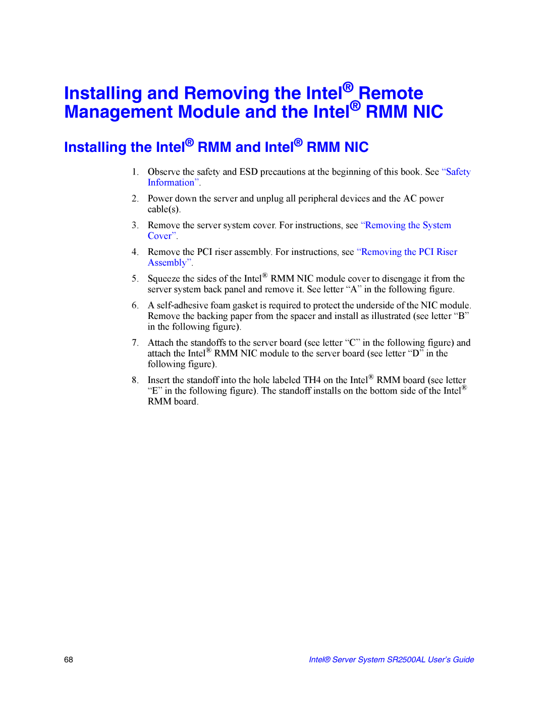 Intel SR2500AL manual Installing the Intel RMM and Intel RMM NIC 