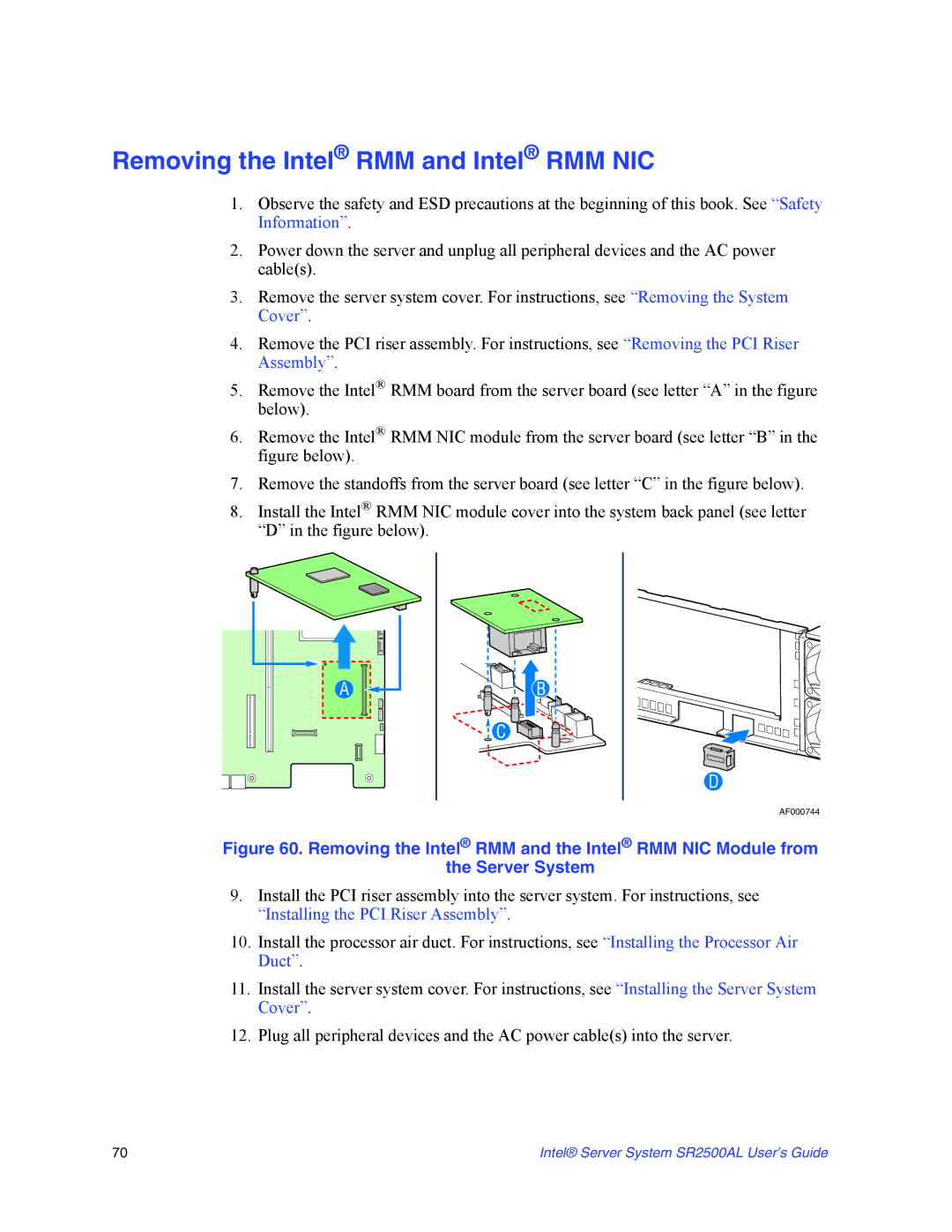 Intel SR2500AL manual Removing the Intel RMM and Intel RMM NIC 