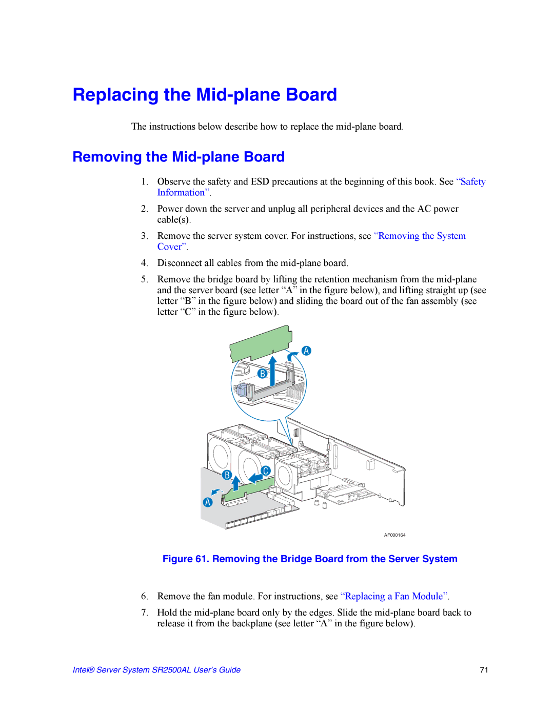 Intel SR2500AL manual Replacing the Mid-plane Board, Removing the Mid-plane Board 