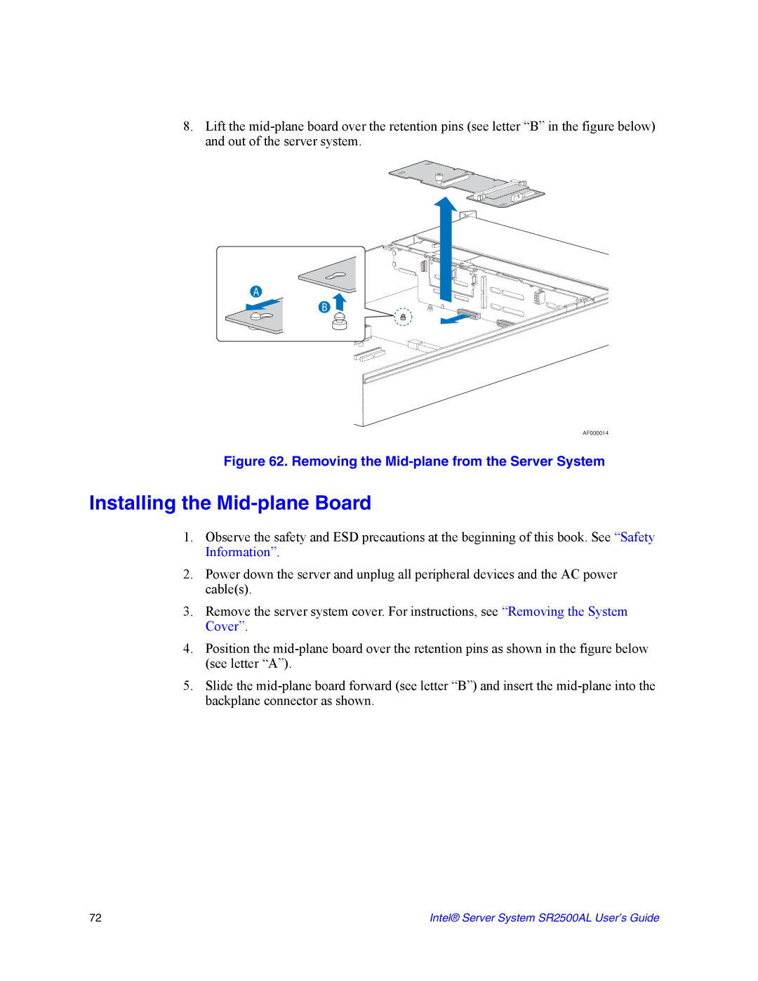 Intel SR2500AL manual Installing the Mid-plane Board, Removing the Mid-plane from the Server System 
