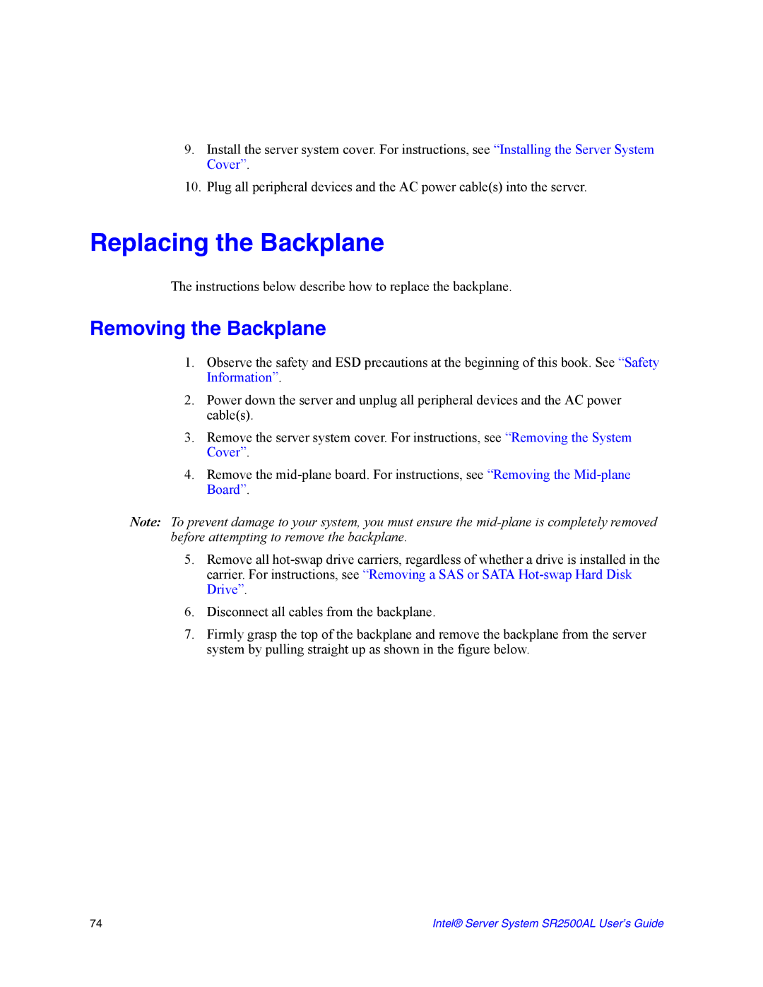 Intel SR2500AL manual Replacing the Backplane, Removing the Backplane 