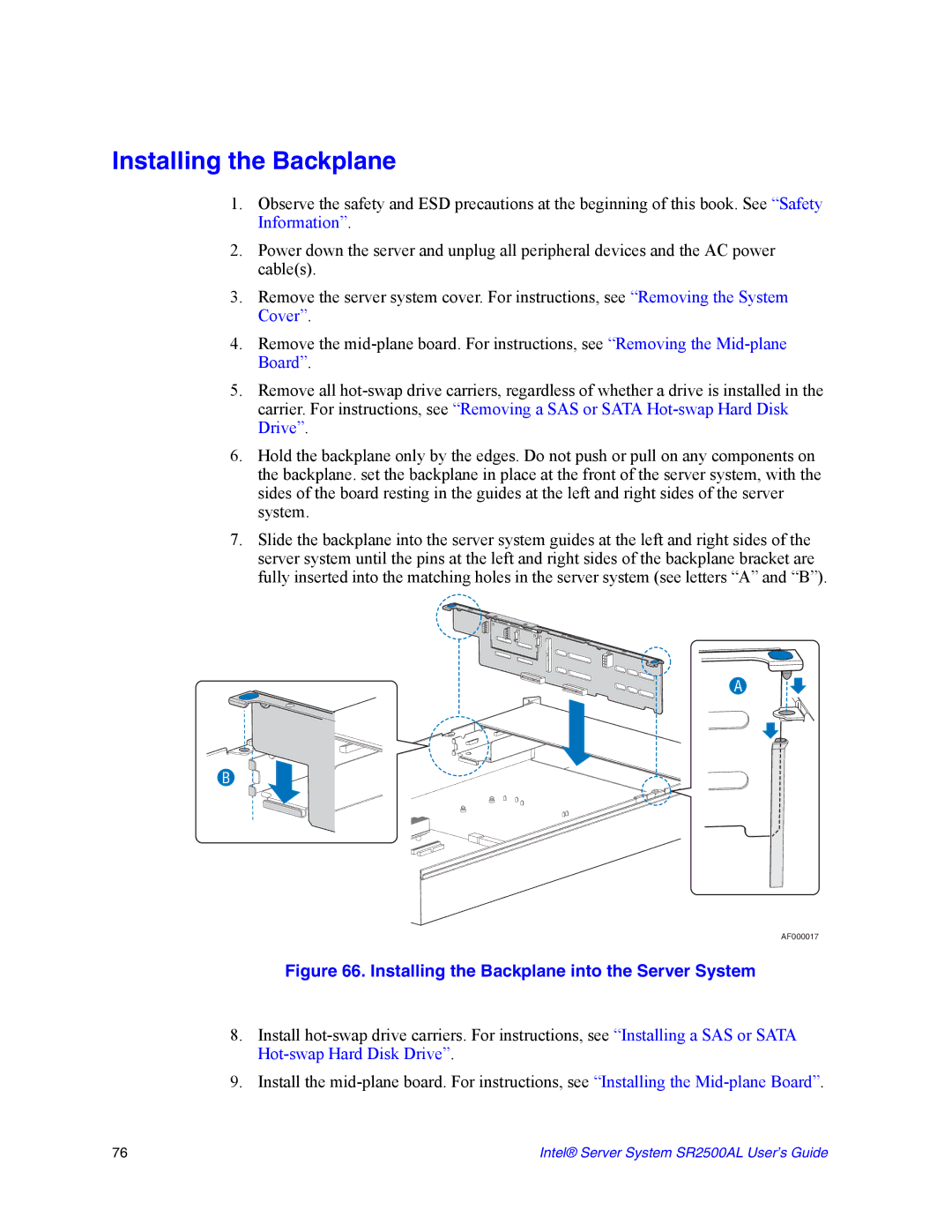 Intel SR2500AL manual Installing the Backplane into the Server System 