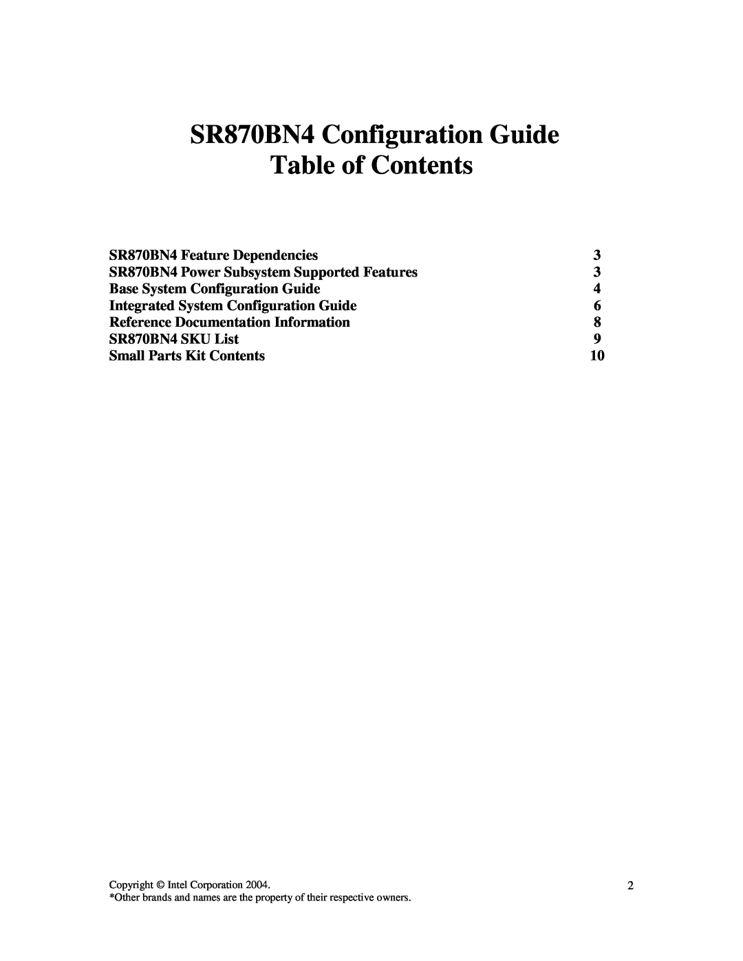 Intel warranty SR870BN4 Configuration Guide Table of Contents 
