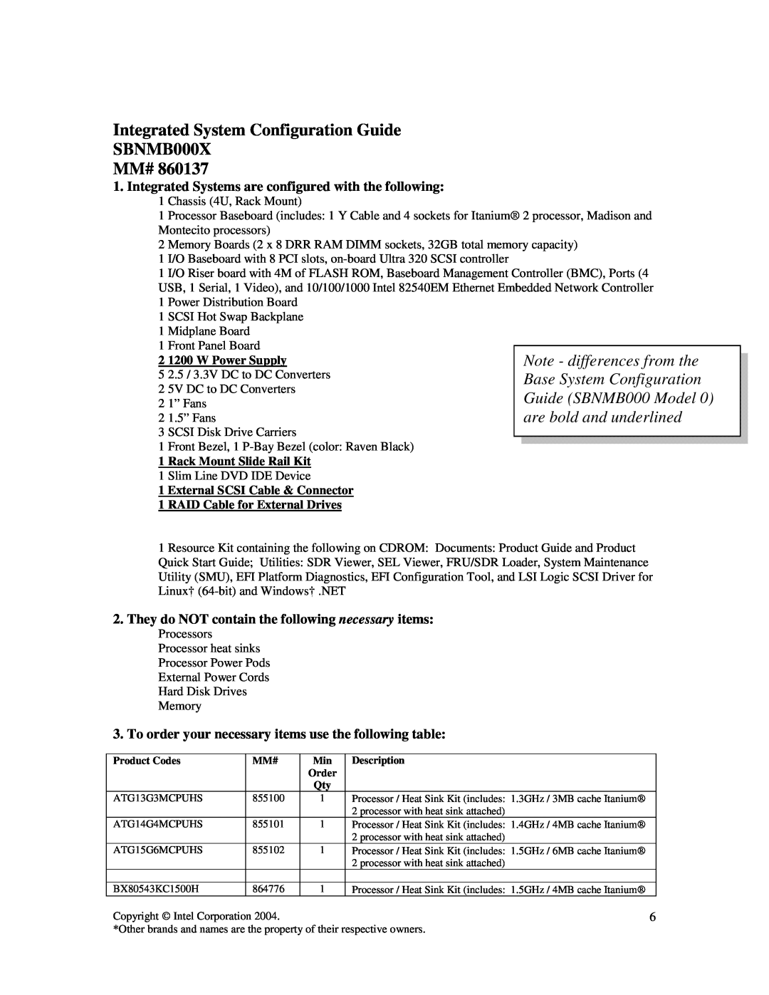 Intel SR870BN4 Integrated System Configuration Guide SBNMB000X, Note - differences from the, Base System Configuration 