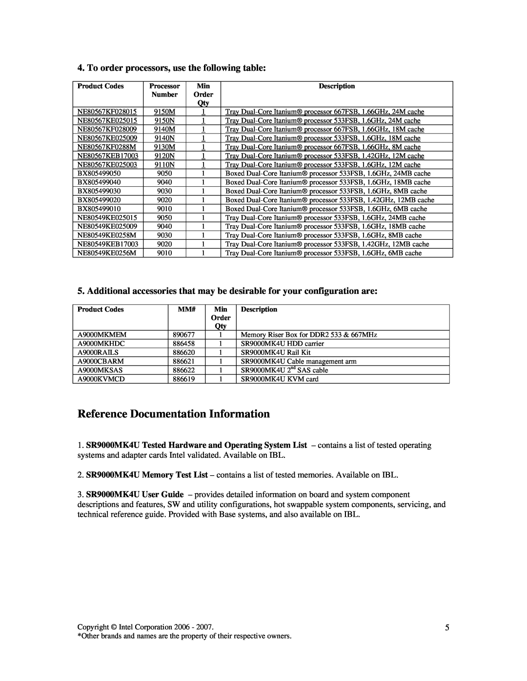 Intel SR9000MK4U warranty Reference Documentation Information, To order processors, use the following table 