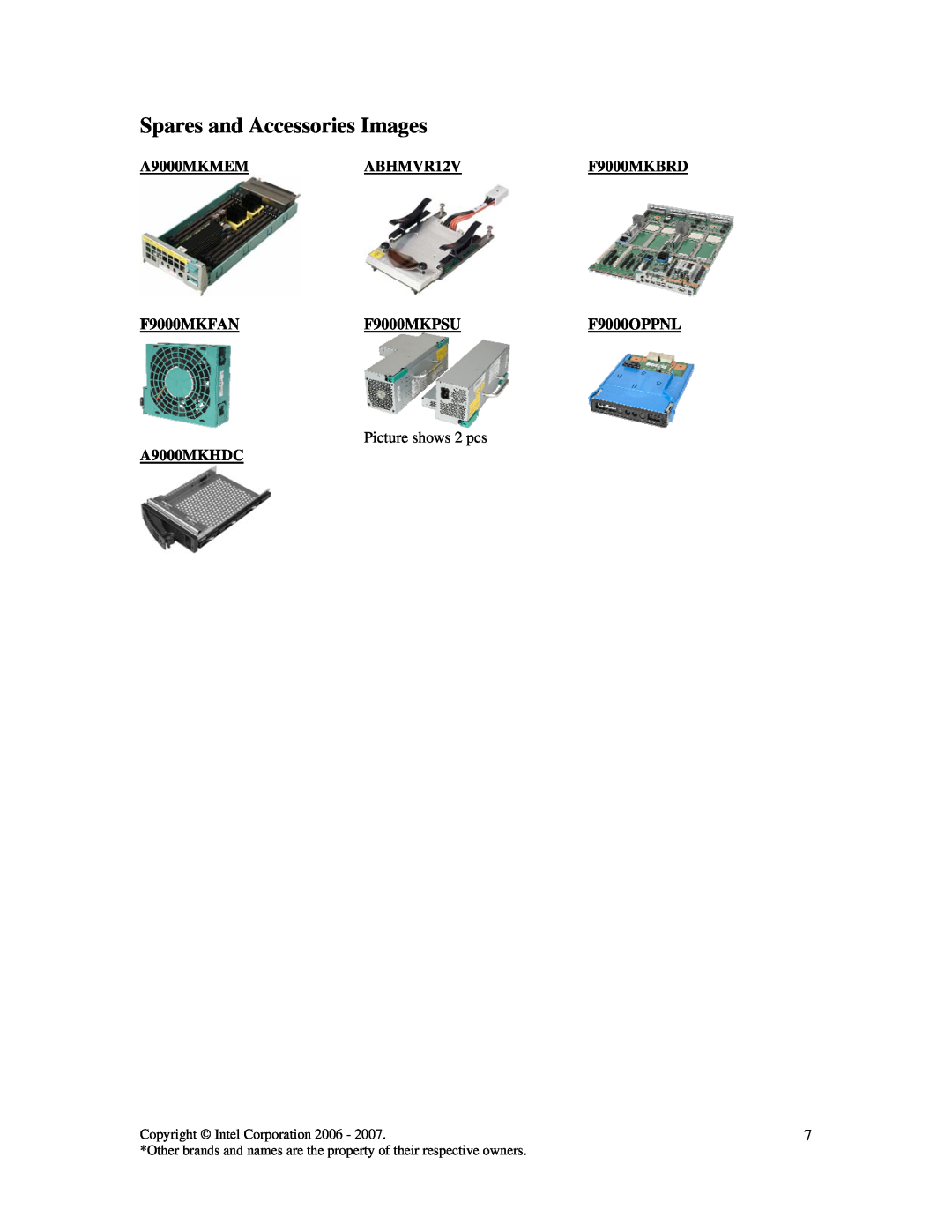 Intel SR9000MK4U Spares and Accessories Images, A9000MKMEM, ABHMVR12V, F9000MKBRD, F9000MKFAN, F9000MKPSU, F9000OPPNL 