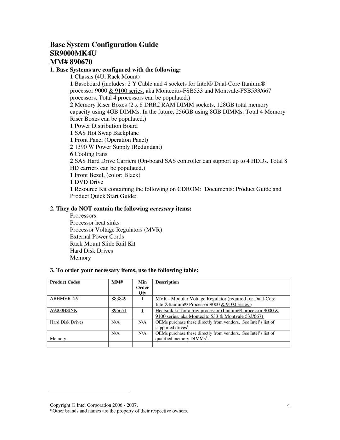 Intel warranty Base System Configuration Guide SR9000MK4U MM#, They do not contain the following necessary items 