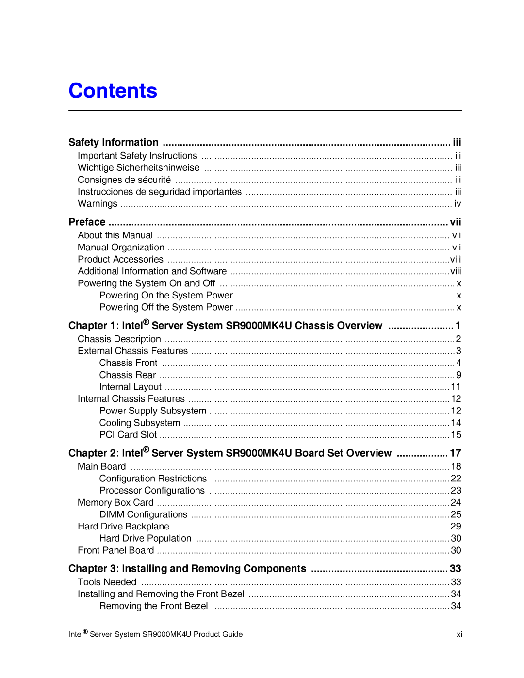 Intel SR9000MK4U manual Contents 