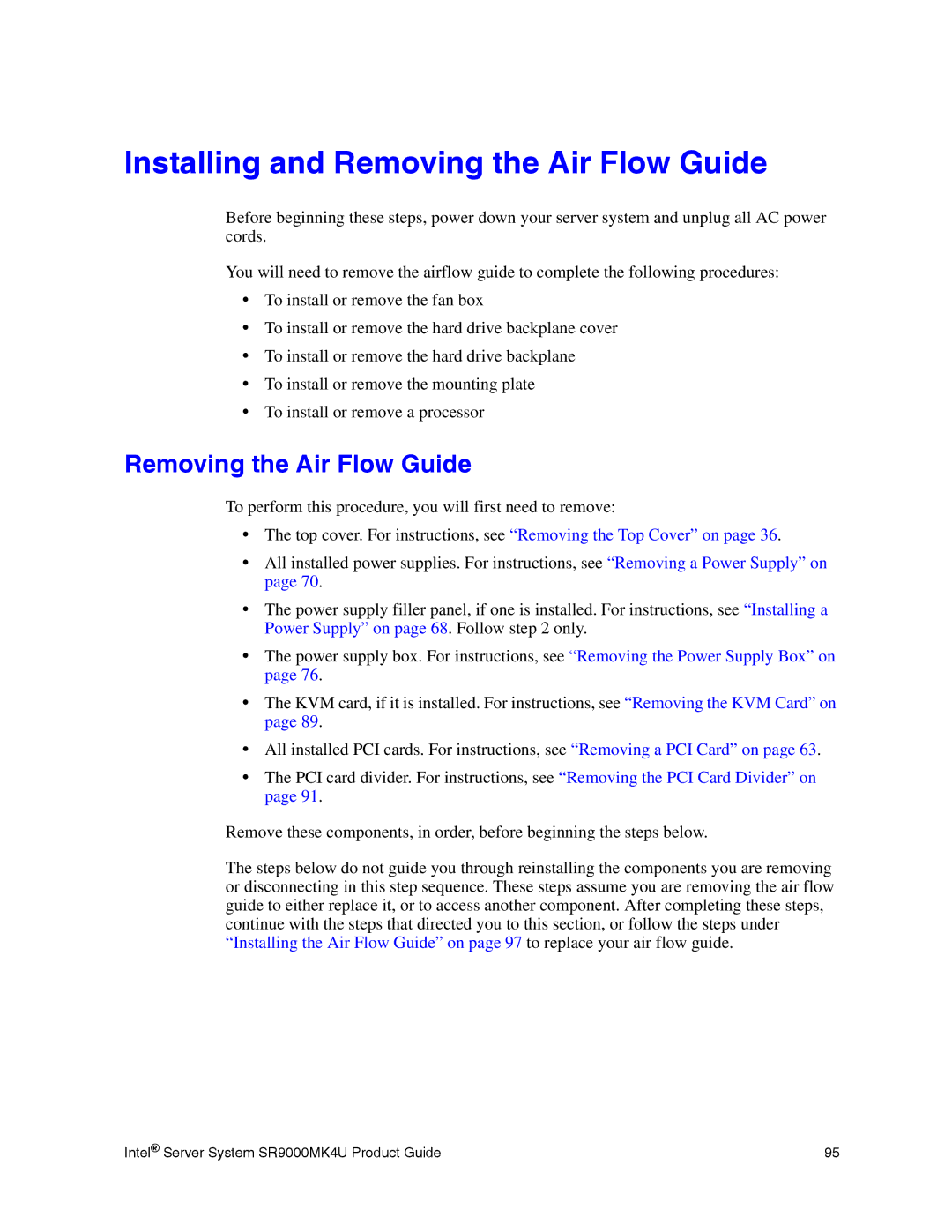 Intel SR9000MK4U manual Installing and Removing the Air Flow Guide 