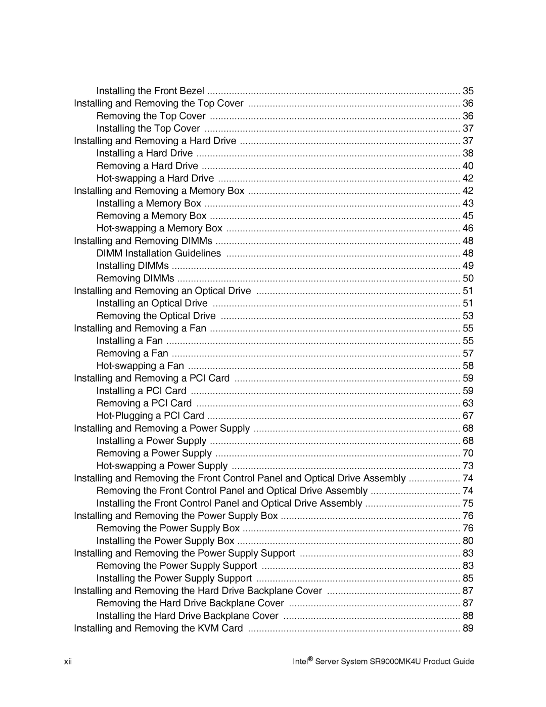 Intel SR9000MK4U manual Xii 