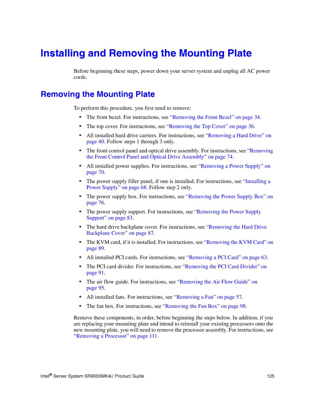 Intel SR9000MK4U manual Installing and Removing the Mounting Plate 