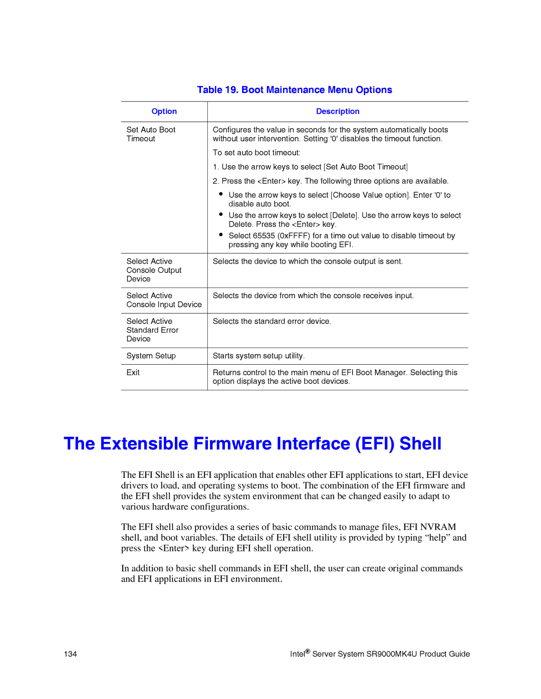 Intel SR9000MK4U manual Extensible Firmware Interface EFI Shell 