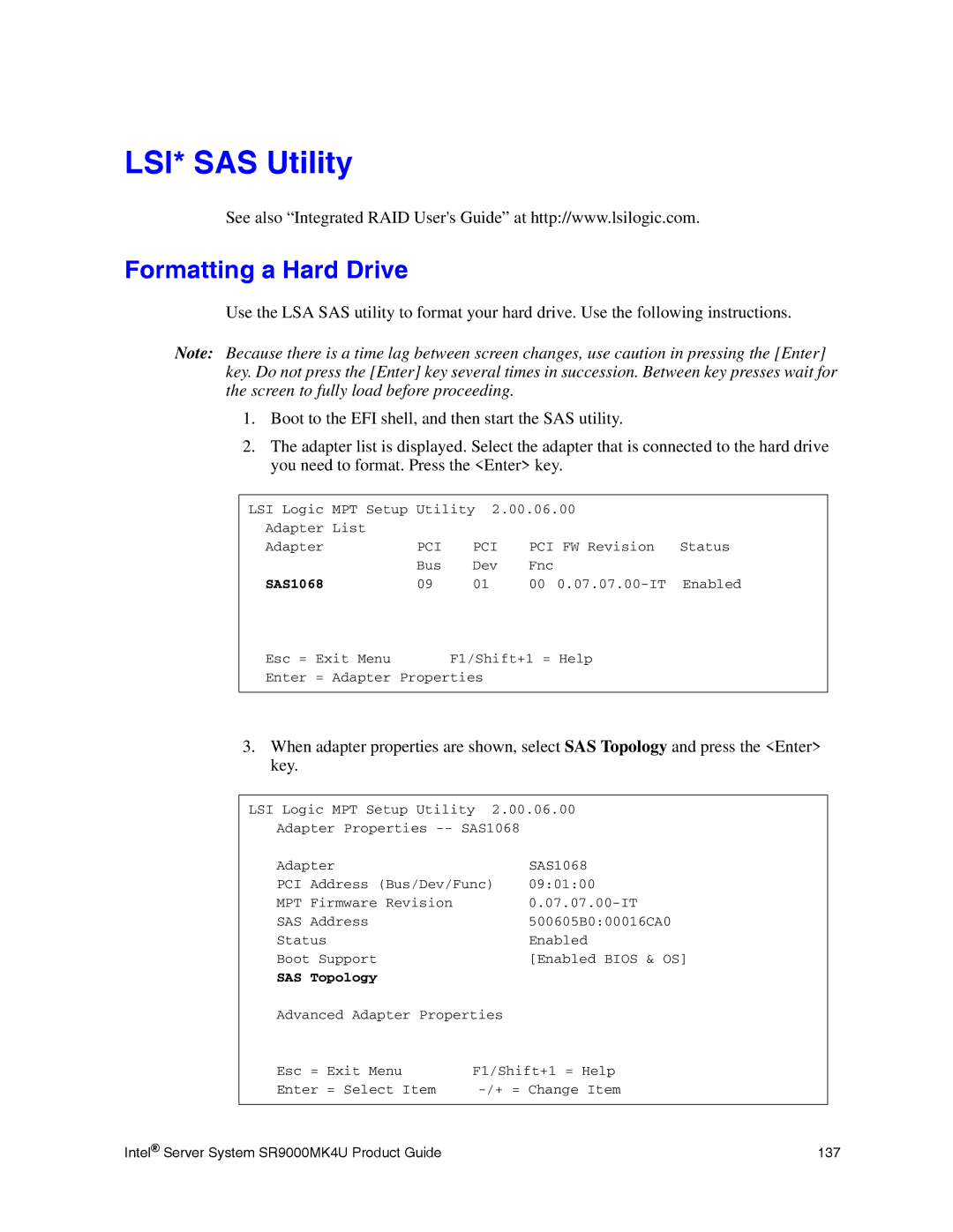 Intel SR9000MK4U manual LSI* SAS Utility, Formatting a Hard Drive 