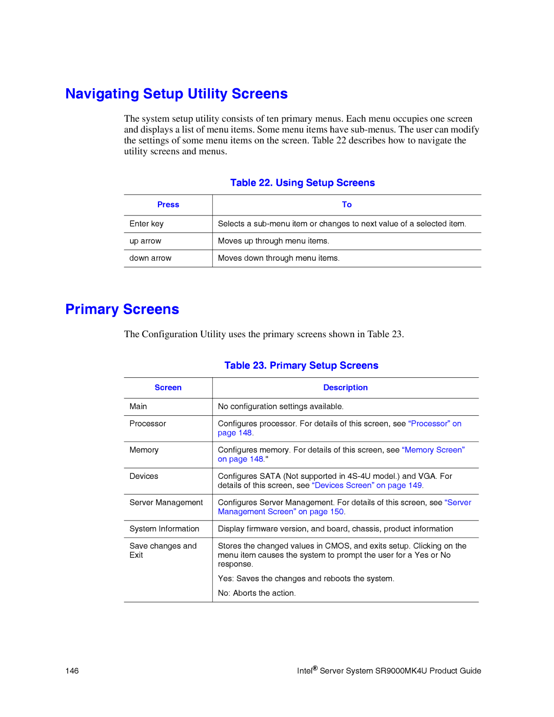 Intel SR9000MK4U manual Navigating Setup Utility Screens, Primary Screens, Using Setup Screens, Primary Setup Screens 