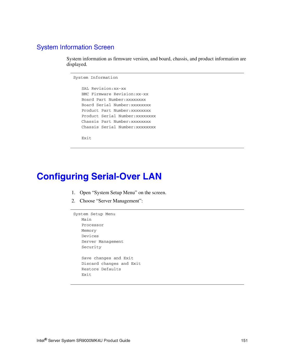 Intel SR9000MK4U manual Configuring Serial-Over LAN, System Information Screen 