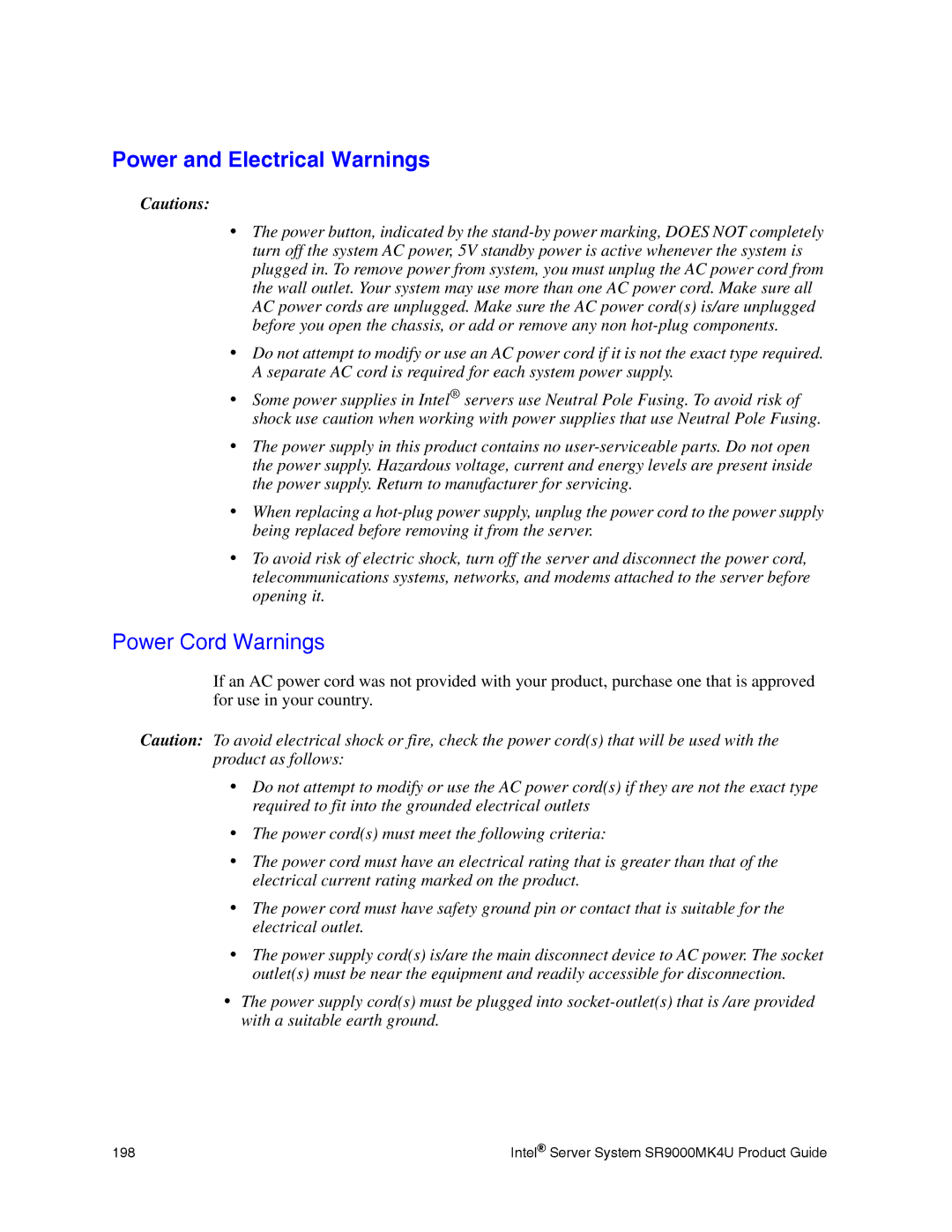 Intel SR9000MK4U manual Power and Electrical Warnings, Power Cord Warnings 