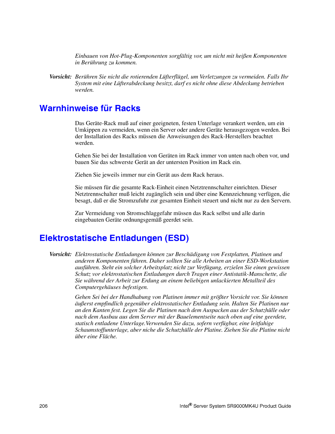 Intel SR9000MK4U manual Warnhinweise für Racks, Elektrostatische Entladungen ESD 