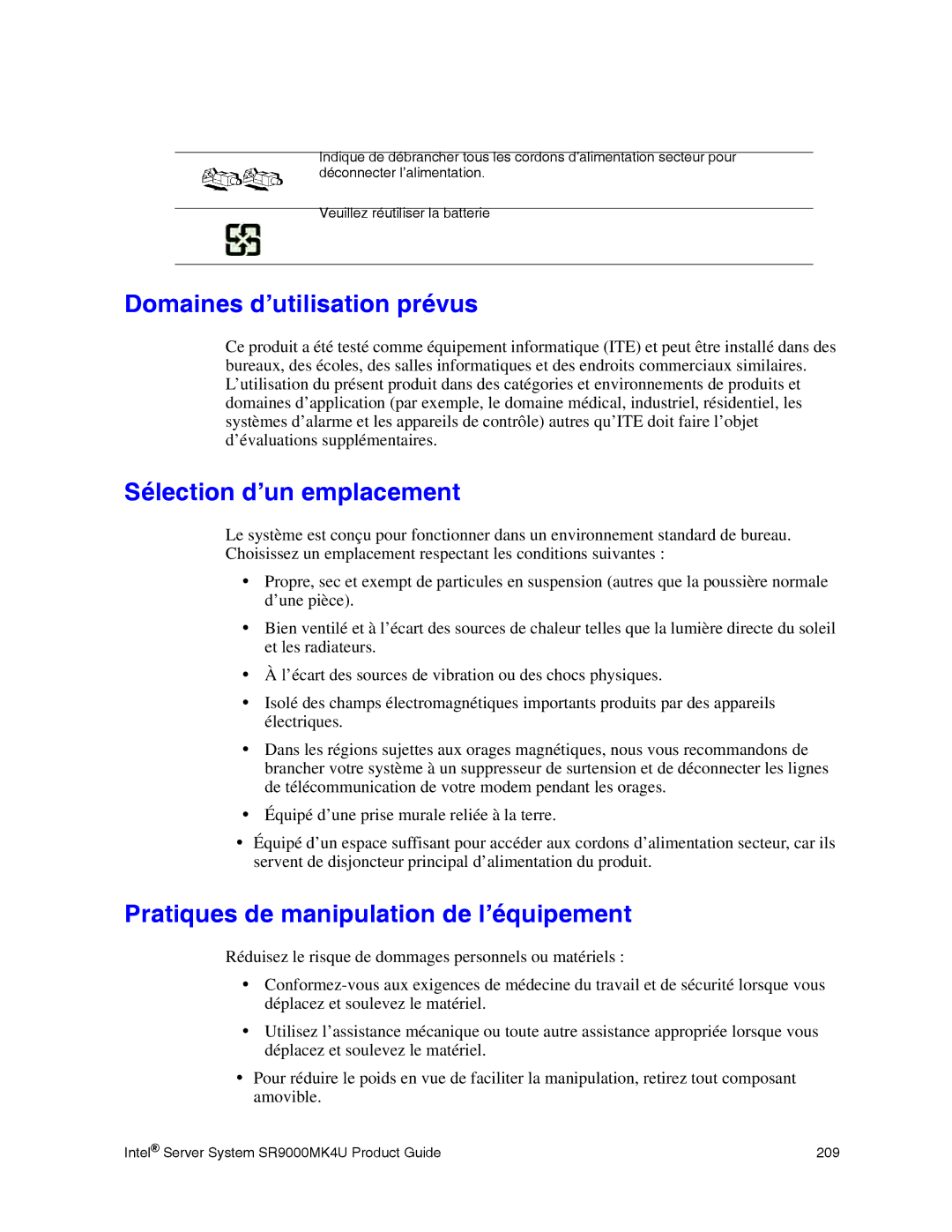 Intel SR9000MK4U Domaines d’utilisation prévus, Sélection d’un emplacement, Pratiques de manipulation de l’équipement 