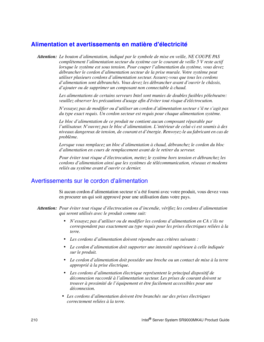 Intel SR9000MK4U Alimentation et avertissements en matière d’électricité, Avertissements sur le cordon d’alimentation 