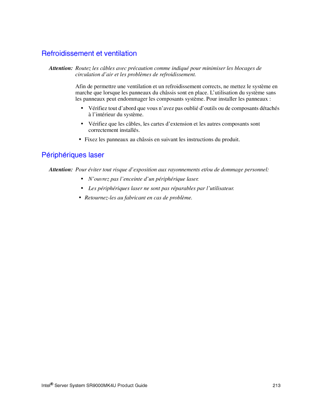 Intel SR9000MK4U manual Refroidissement et ventilation, Périphériques laser 