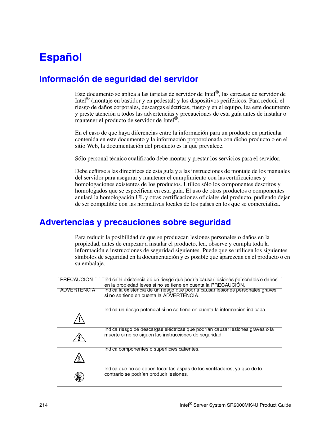 Intel SR9000MK4U manual Información de seguridad del servidor, Advertencias y precauciones sobre seguridad 