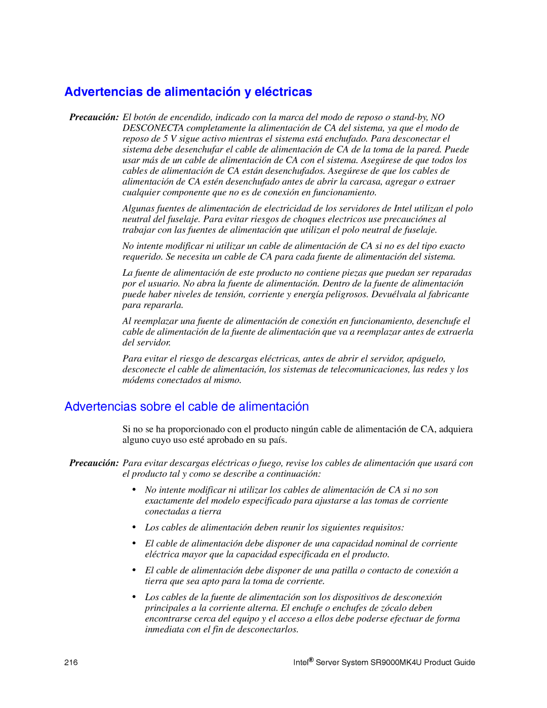 Intel SR9000MK4U manual Advertencias de alimentación y eléctricas, Advertencias sobre el cable de alimentación 