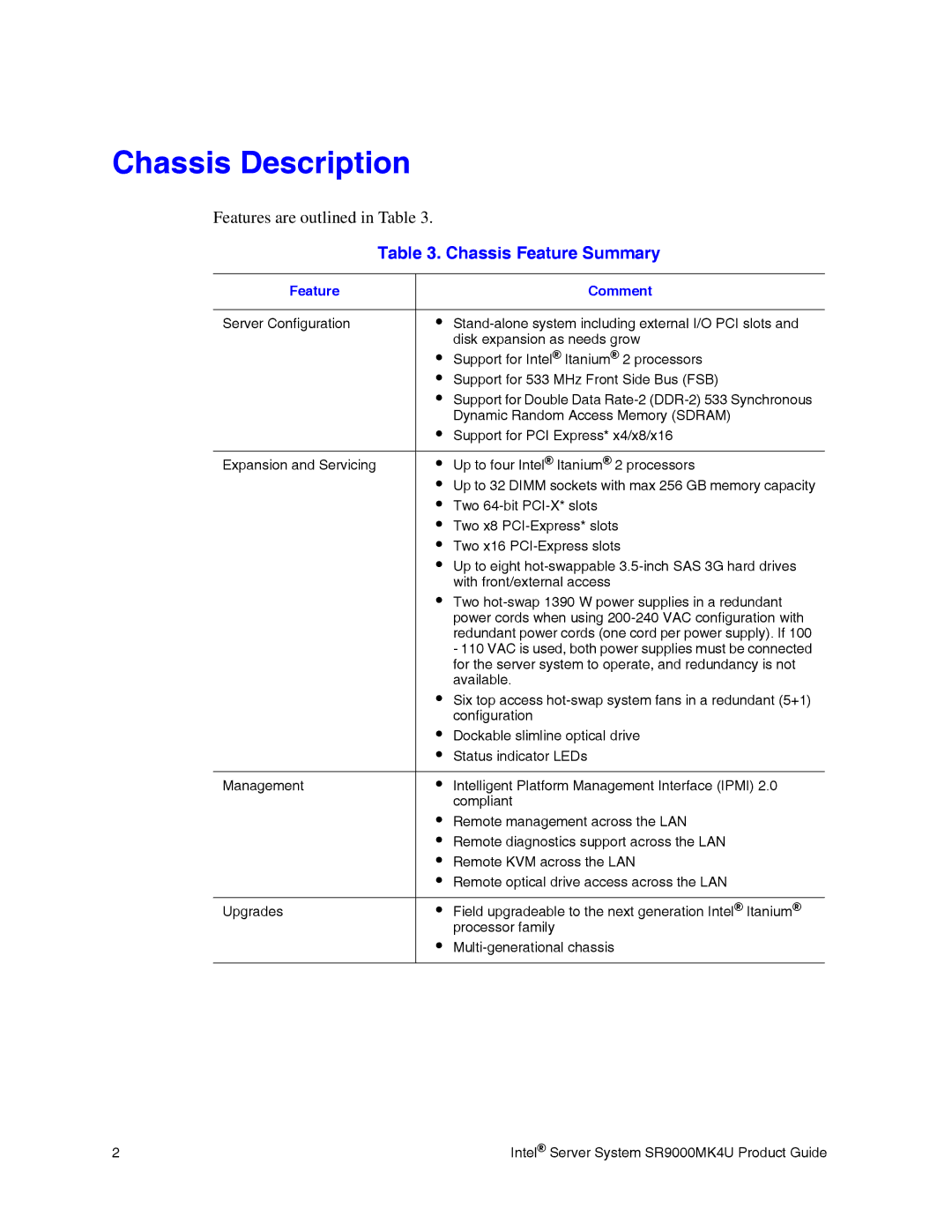 Intel SR9000MK4U manual Chassis Description, Chassis Feature Summary, Feature Comment 
